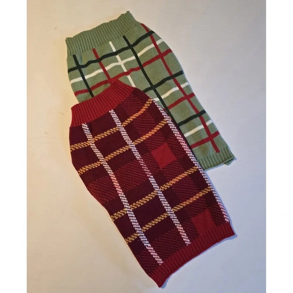 Heart To Tail Dog Knit Sweaters LG Plaid Set of 2 Red Green Winter Warm Walk